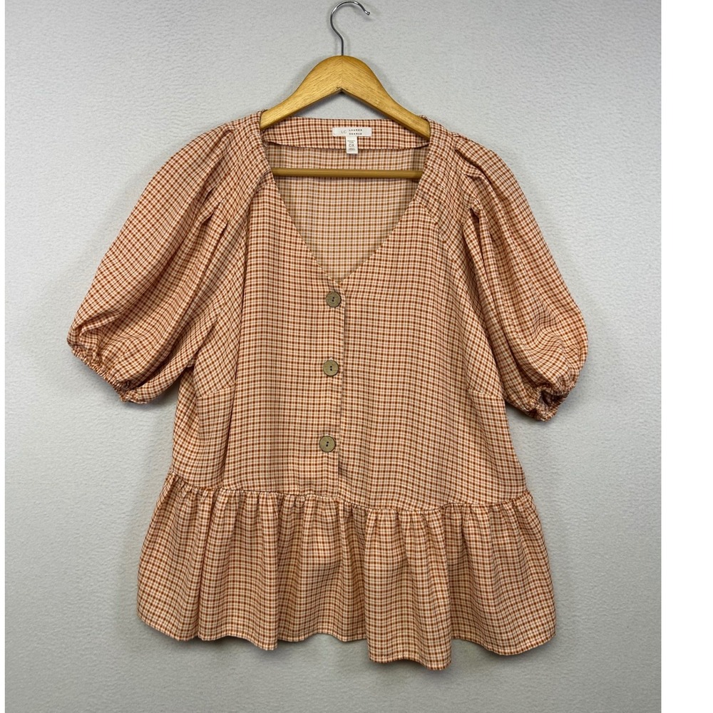 Cottagecore Prairie LC Lauren Conrad Womens 0X Orange Gingham Peplum Blouse